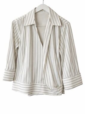 Ann Taylor Cream Pinstriped Wrap-Front Blouse